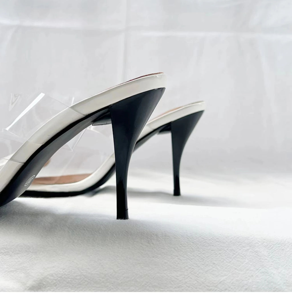 Elegant Pointed Toe Transparent PVC Heart High Heels Mules Slipper Shoes Women 2025 Black White Red Shoes Luxury Designer Pumps
