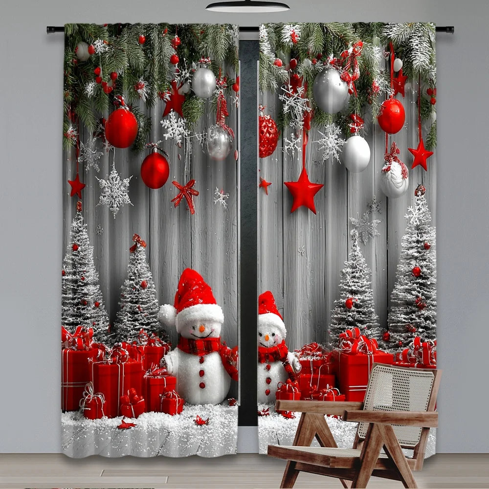 2pcs 2D flat printing Merry Christmas Curtains Festive Snowmen Durable polyester fiber Birthday Party for Outdoor Holiday