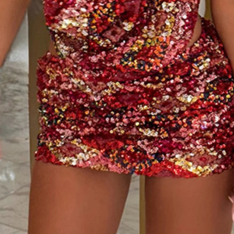 Colorful Sequin Halter Plunge-Neck Set Sleeveless Backless Vest Bodycon Mini Skirt 2025 Summer Party Chic Suit Sexy Lady Outfit