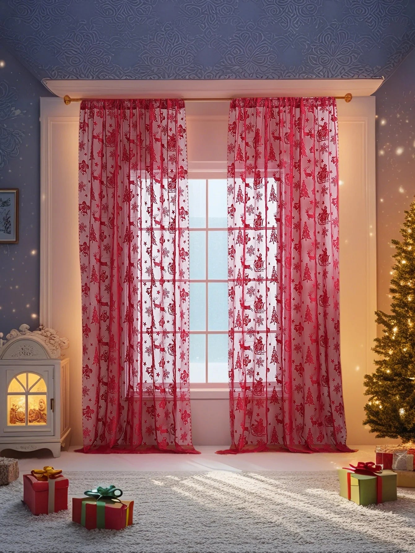American Red Lace Sleigh Santa Christmas Curtains for Living Room Bedroom Window Festive Atmosphere Decorative