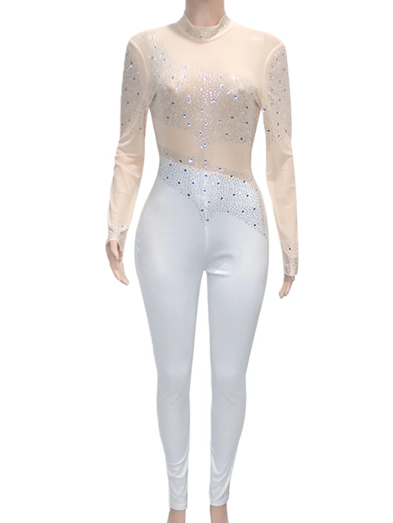 Sexy see through Rhinestone mesh bodycon jumpsuit women summer Long sleeve jumpsuits body birthday party club outfits bodysuit