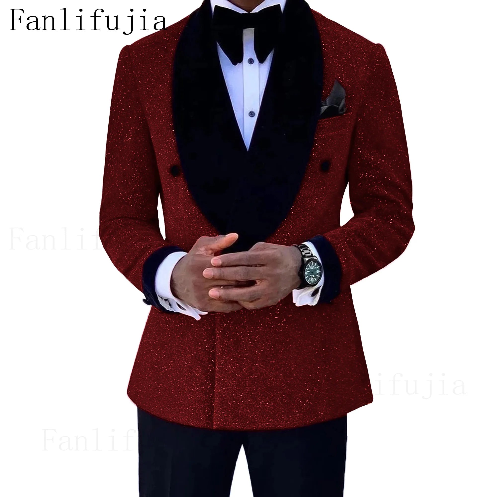 Fanlifujia Luxury Red Glitter Suits Men Groom Wedding Tuxedo Double Breasted Blazer Formal Evening Party