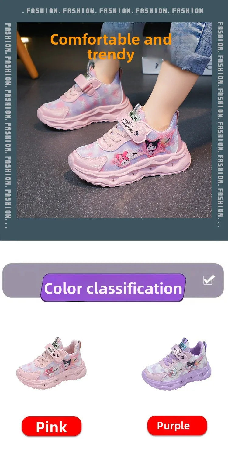 2025 New Light Up Girls Running Shoes Cartoon Leather Waterproof Breathable Anti Slip Trendy Kids Sneakers