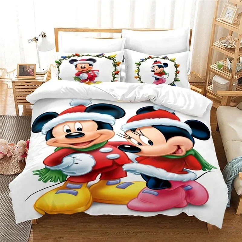 Disney Cartoon Bedding Set Mickey And Minnie Mouse 3D Print Duvet Cover With Pillowcase Bedclothes For Christmas New Year Gifts
