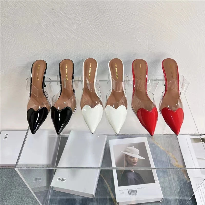 Elegant Pointed Toe Transparent PVC Heart High Heels Mules Slipper Shoes Women 2025 Black White Red Shoes Luxury Designer Pumps