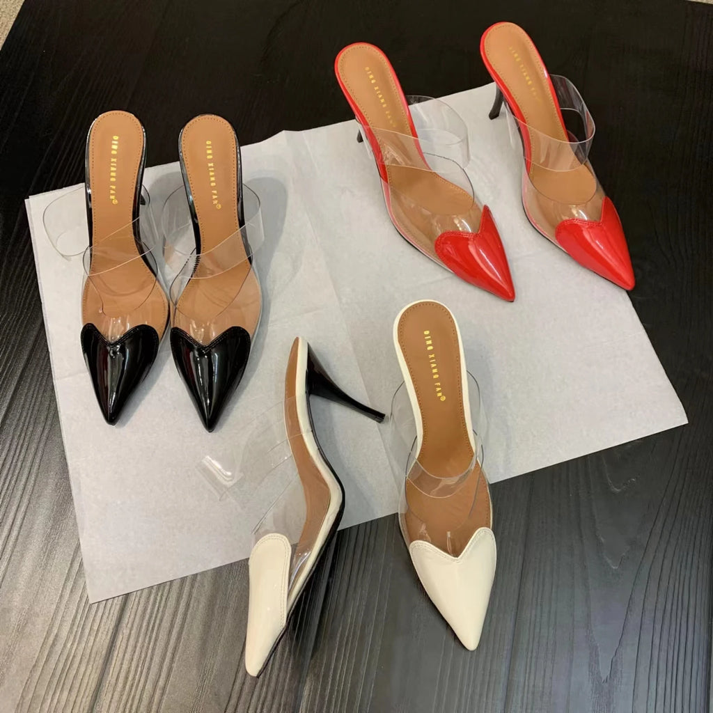 Elegant Pointed Toe Transparent PVC Heart High Heels Mules Slipper Shoes Women 2025 Black White Red Shoes Luxury Designer Pumps