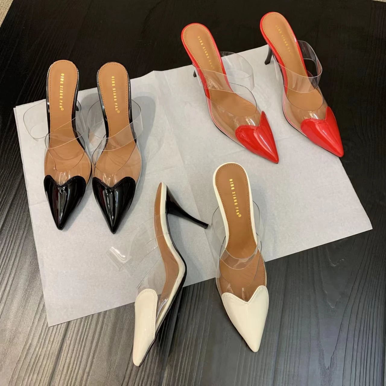 Elegant Pointed Toe Transparent PVC Heart High Heels Mules Slipper Shoes Women 2025 Black White Red Shoes Luxury Designer Pumps