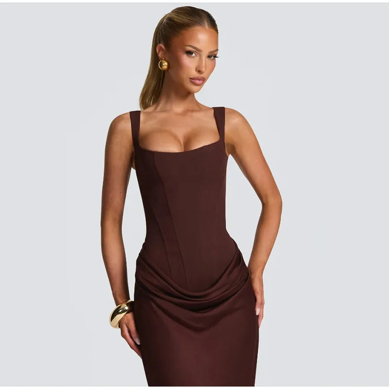Women Brown Pleated Sling Maxi Dress Square Neck Sleeveless Off-shoulder Waist Cinching Slim Dresses Fashion Evening Party Gowns
