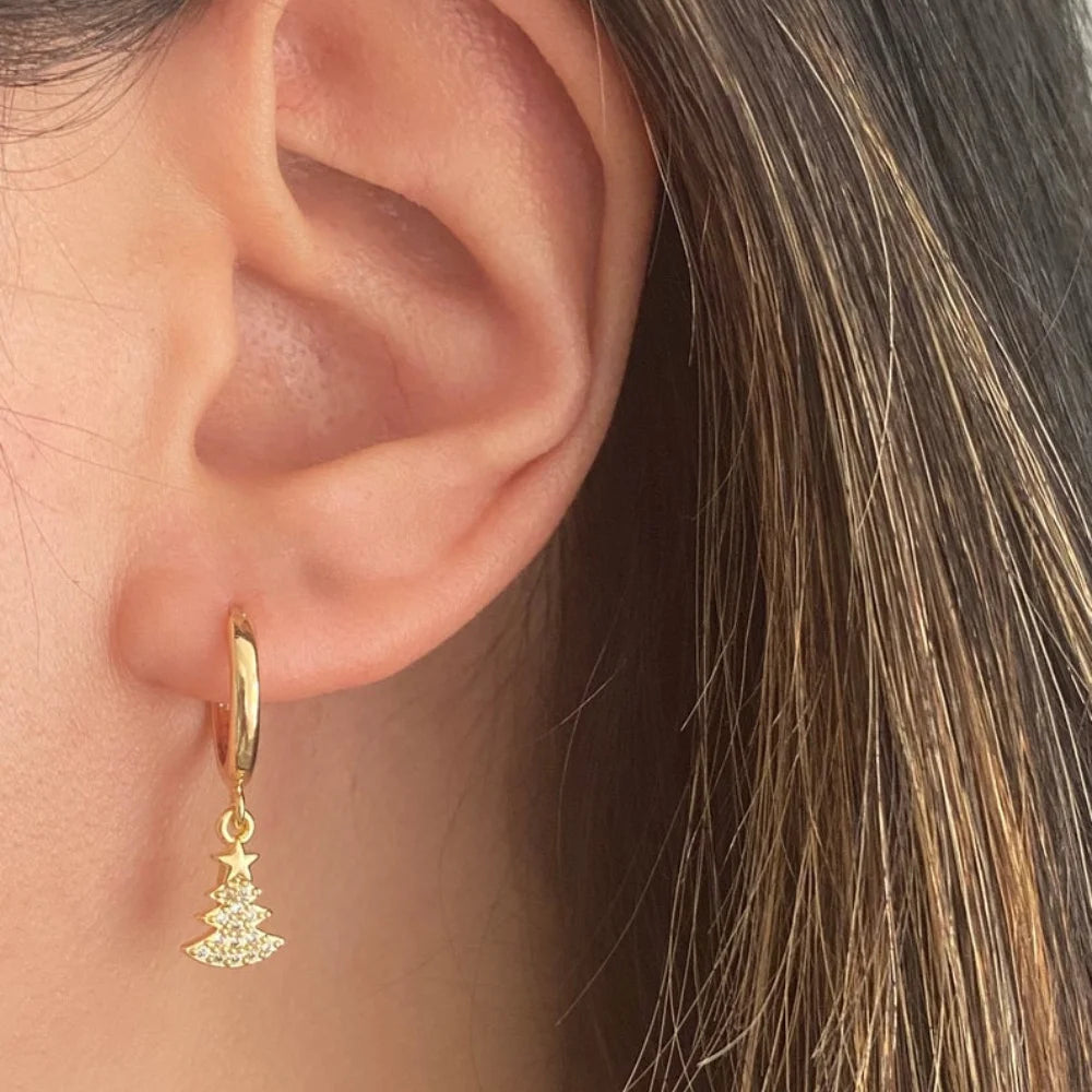 Stunning Handmade 18K Gold Plated Dangle earring Christmas Tree Star Cubic Zirconia Crystal Huggie Sleeper Hoop Earrings Gifts