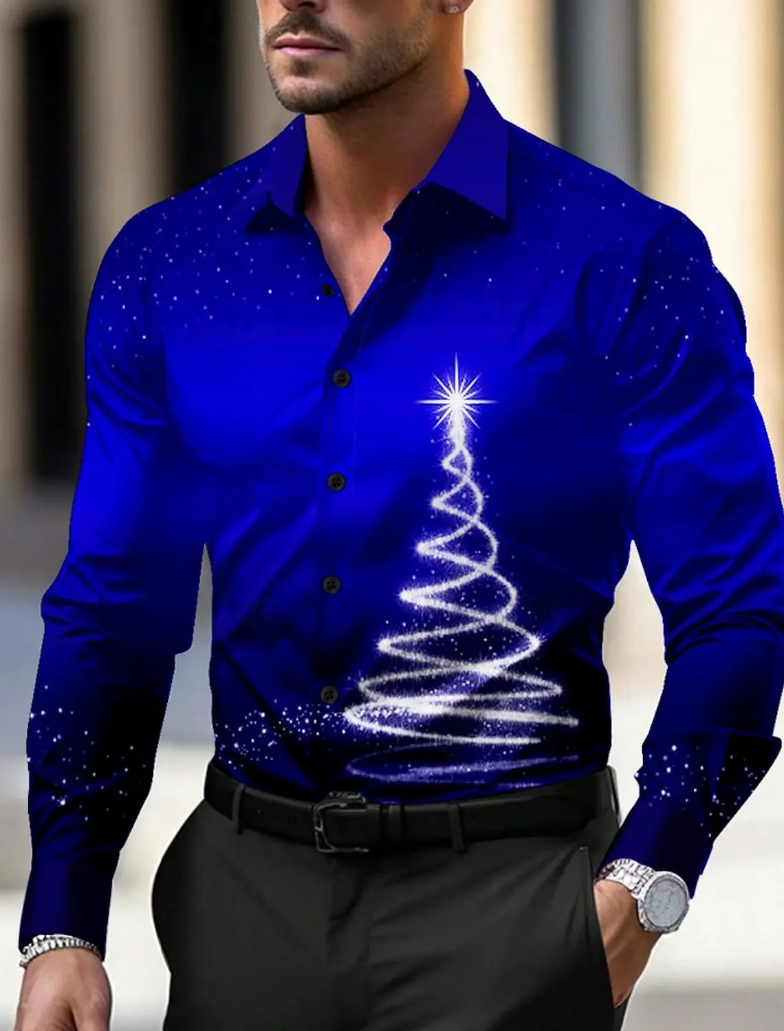 Christmas Theme Men's Christmas Trees Printed Shirts Snowflake Gradient Graphics Button Up Long Sleeve Shirts Fashion Tops Thin