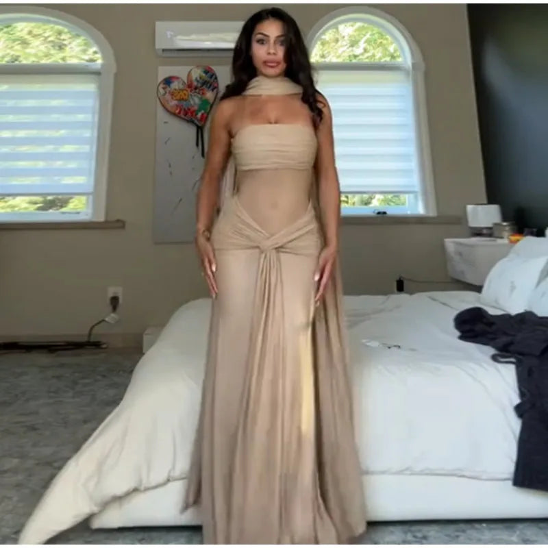 Women's Elegant Bustier Dress Sexy Strapless Corset Transparent Draped Satin Lace Up Bodycon Dresses Evening Party Shining Robe