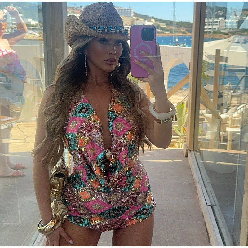 Colorful Sequin Halter Plunge-Neck Set Sleeveless Backless Vest Bodycon Mini Skirt 2025 Summer Party Chic Suit Sexy Lady Outfit