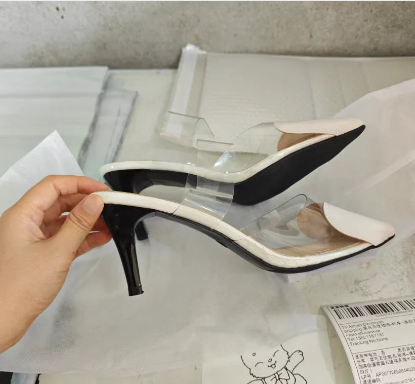 Elegant Pointed Toe Transparent PVC Heart High Heels Mules Slipper Shoes Women 2025 Black White Red Shoes Luxury Designer Pumps