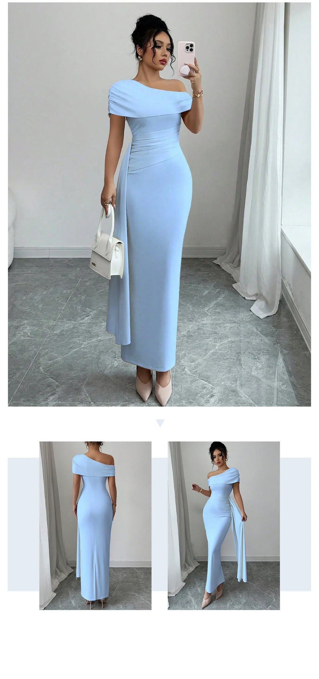 Sheath Dress Women Party Long Dresses Asymmetrical Diagonal Collar Slim Folds Maxi Gown Summer 2025 Female Sexy Vestidos