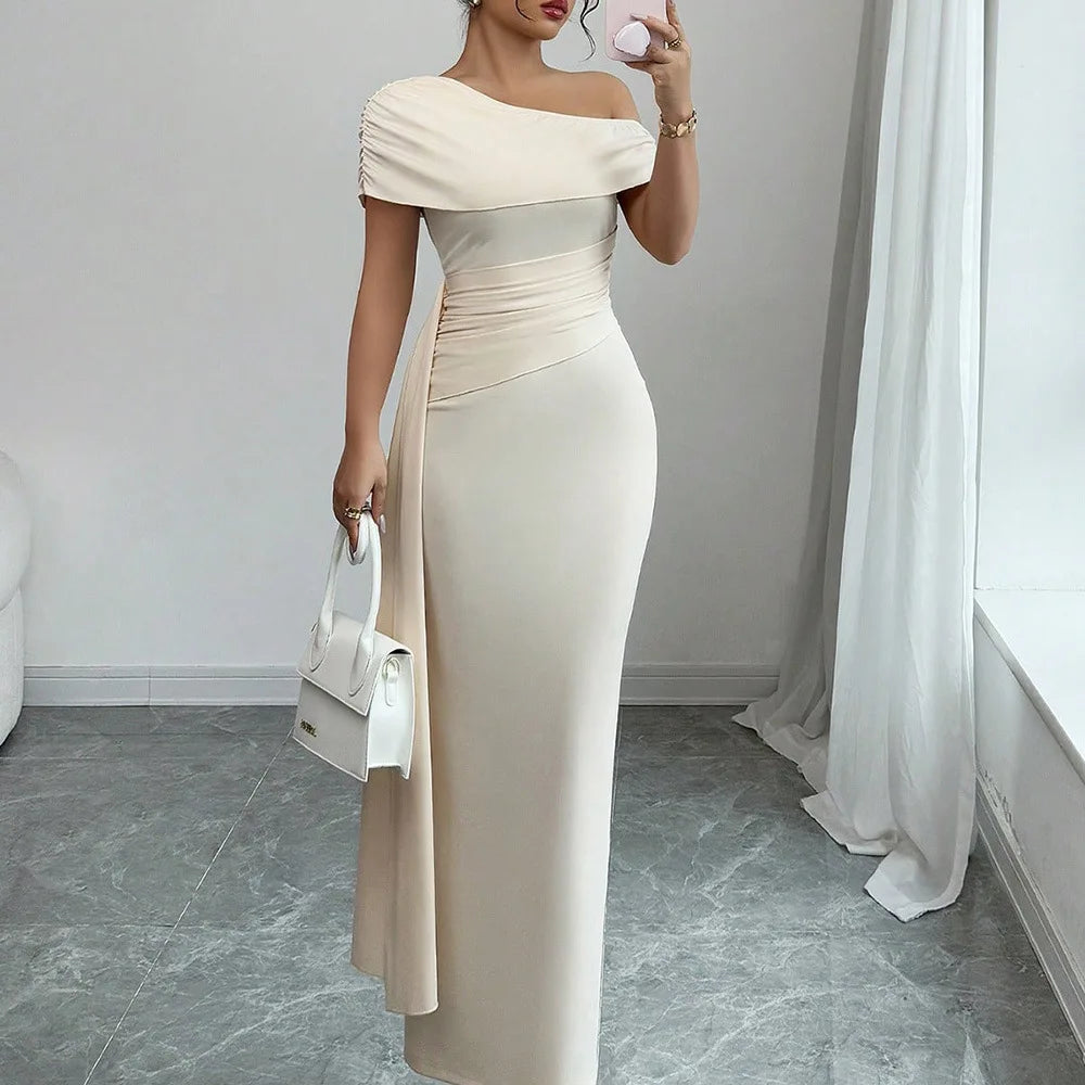 Sheath Dress Women Party Long Dresses Asymmetrical Diagonal Collar Slim Folds Maxi Gown Summer 2025 Female Sexy Vestidos