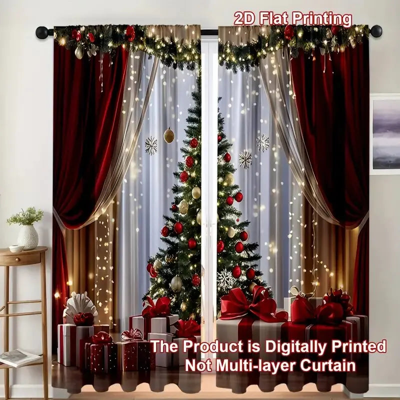 2 pieces - Luxurious Christmas tree print curtains, pole bag curtains, home decoration, room decoration、30*65inch