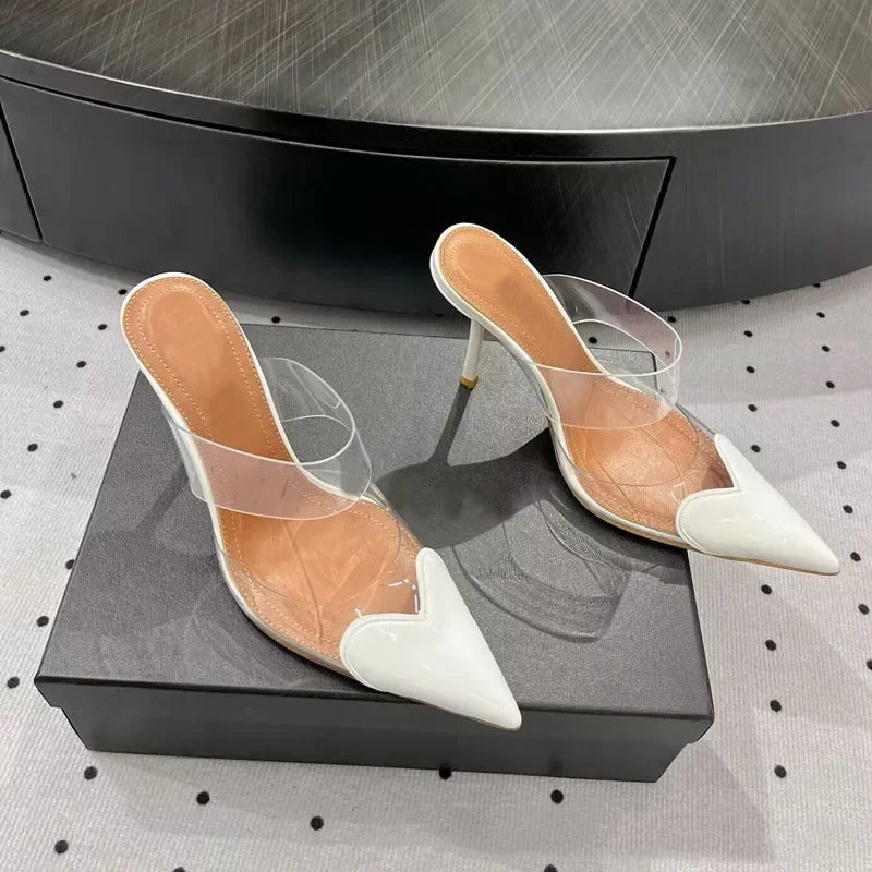 Elegant Pointed Toe Transparent PVC Heart High Heels Mules Slipper Shoes Women 2025 Black White Red Shoes Luxury Designer Pumps