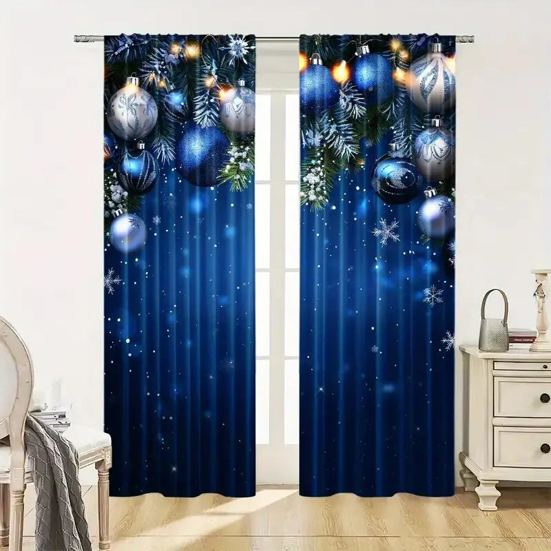 2pcs - Christmas curtains, blue Christmas balls, polyester printed curtains, home decoration, room decoration