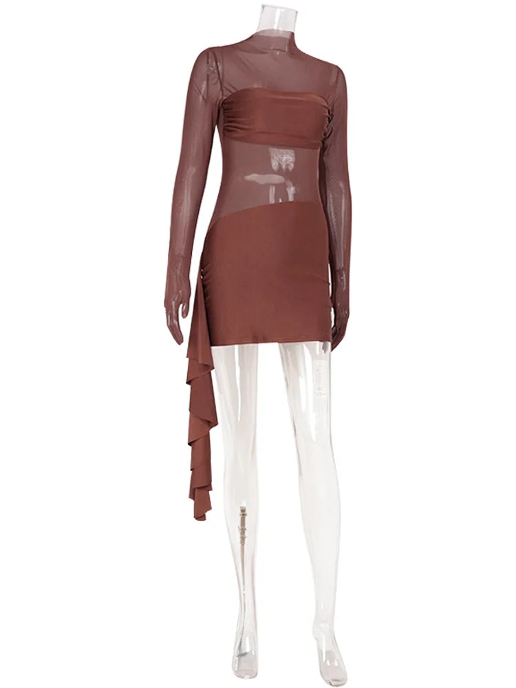 CNYISHE Mesh Patchwork Solid O Neck Women Dresses Autum Sheer Sexy Club Long Sleeve Hip Wrap Bodycon Fashion Female Streetwear