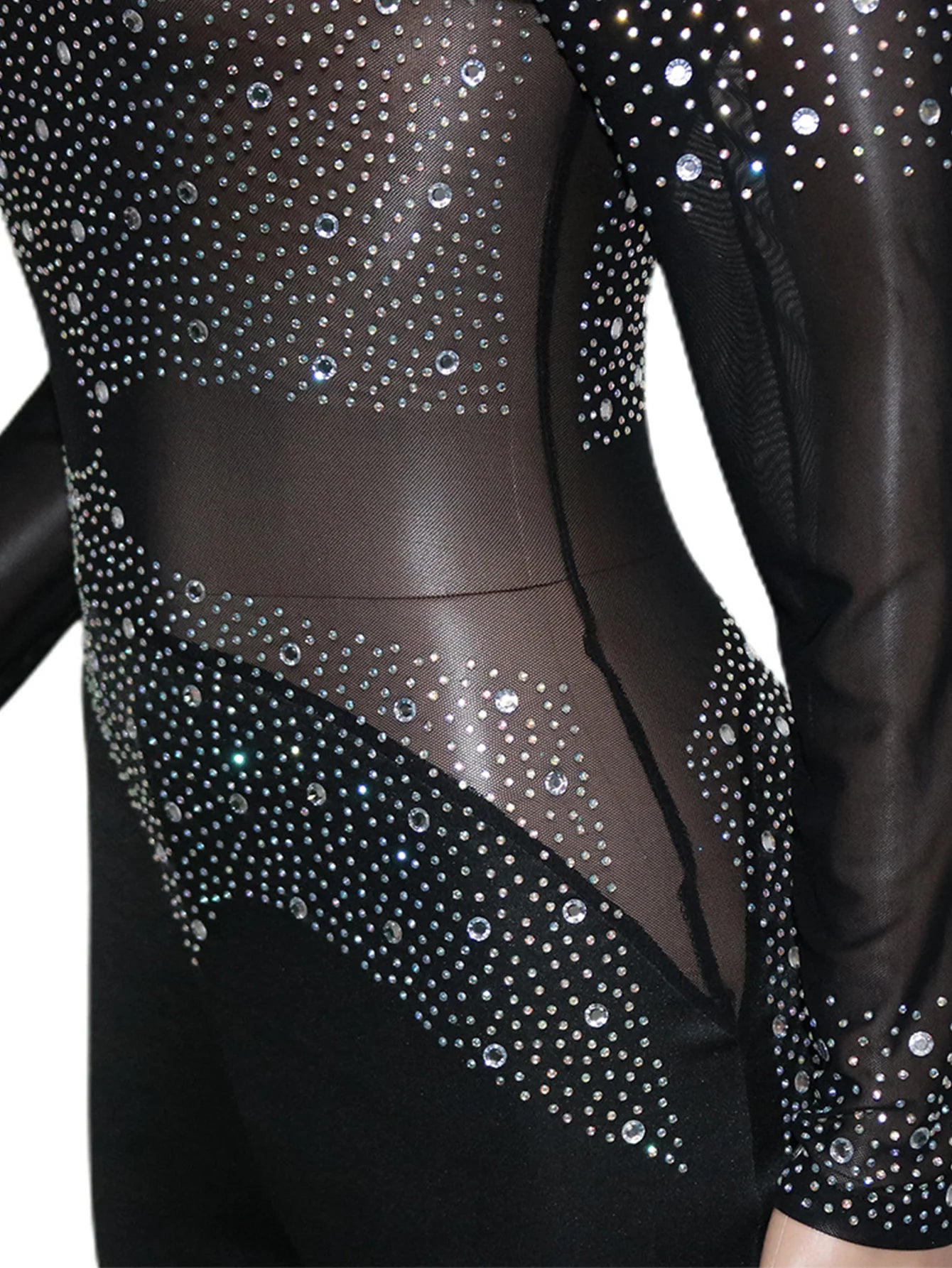 Sexy see through Rhinestone mesh bodycon jumpsuit women summer Long sleeve jumpsuits body birthday party club outfits bodysuit