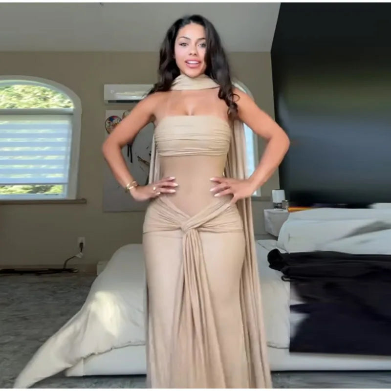 Women's Elegant Bustier Dress Sexy Strapless Corset Transparent Draped Satin Lace Up Bodycon Dresses Evening Party Shining Robe