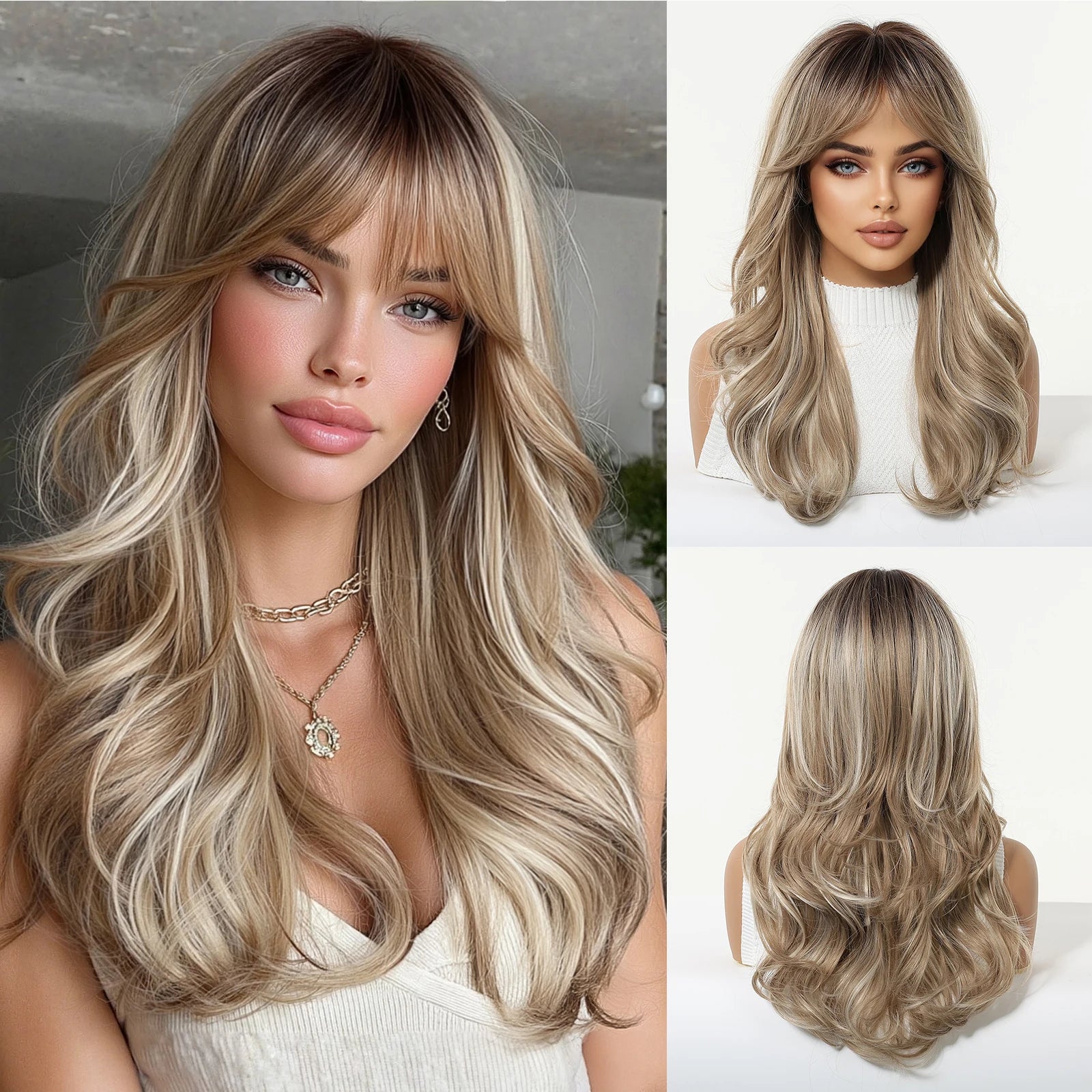 Rose Blonde Ombre Brown Long Natural Wave Synthetic Wigs with Bangs for Women Heat Resistant Daily Cosplay Party Hairs Wig Use