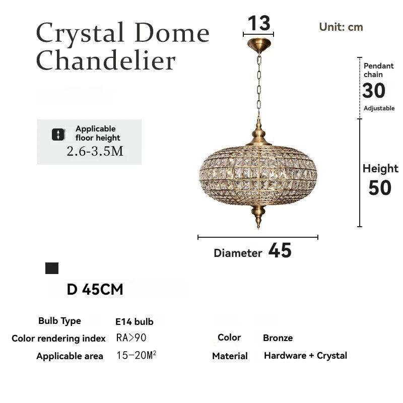 American Vintage K9 Crystal Pendant Light Copper Led Chandelier For Living Room Villa Hotel Dining Room Decoration Hanging Lamp