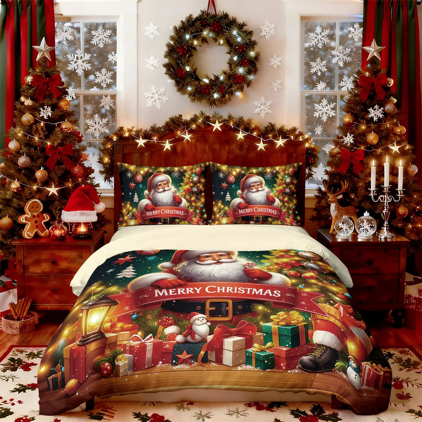 3pcs Merry Christmas Santa Claus print coreless bedding set multiple size bedrooms bedding holiday decorations, machine washable