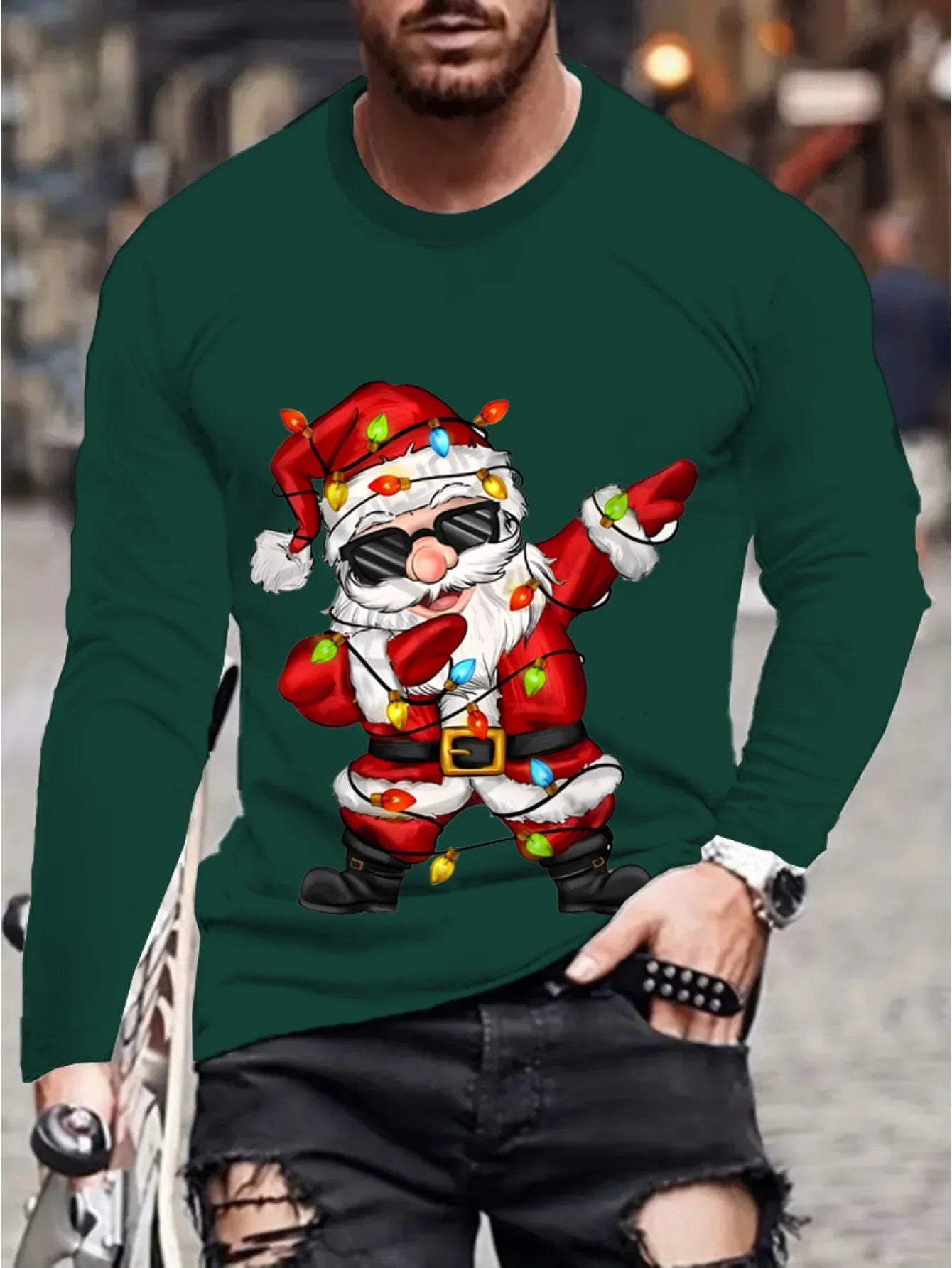 Men's Fun Christmas-style Long-sleeved T-shirt Santa Claus Printed Holiday Gift Couple's Shirt Casual Top  Men Clothing
