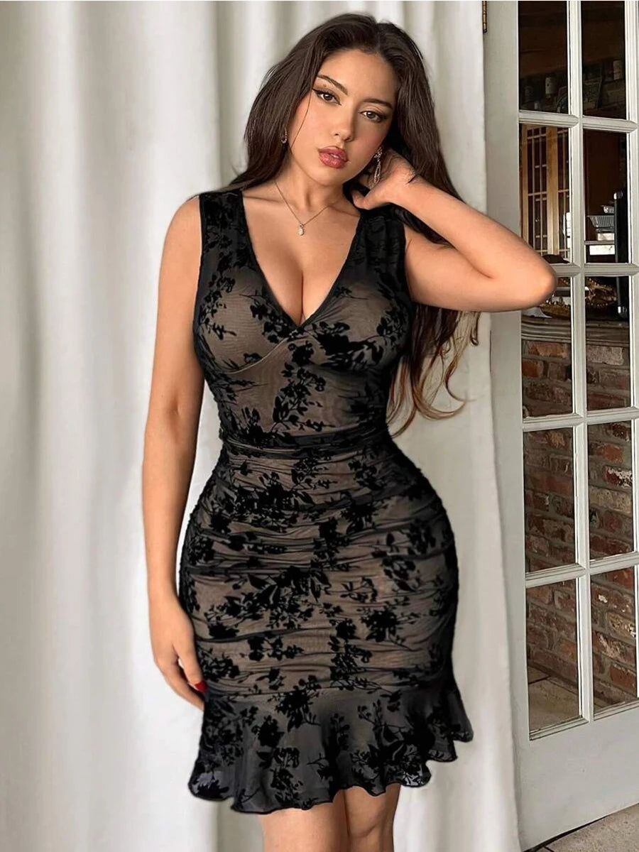 Women Elegant Summer Flocking Mesh Deep V Sleeveless Mini Dress, Slim Fit Ruffle Hem, Suitable For Vacation And Date, Festival