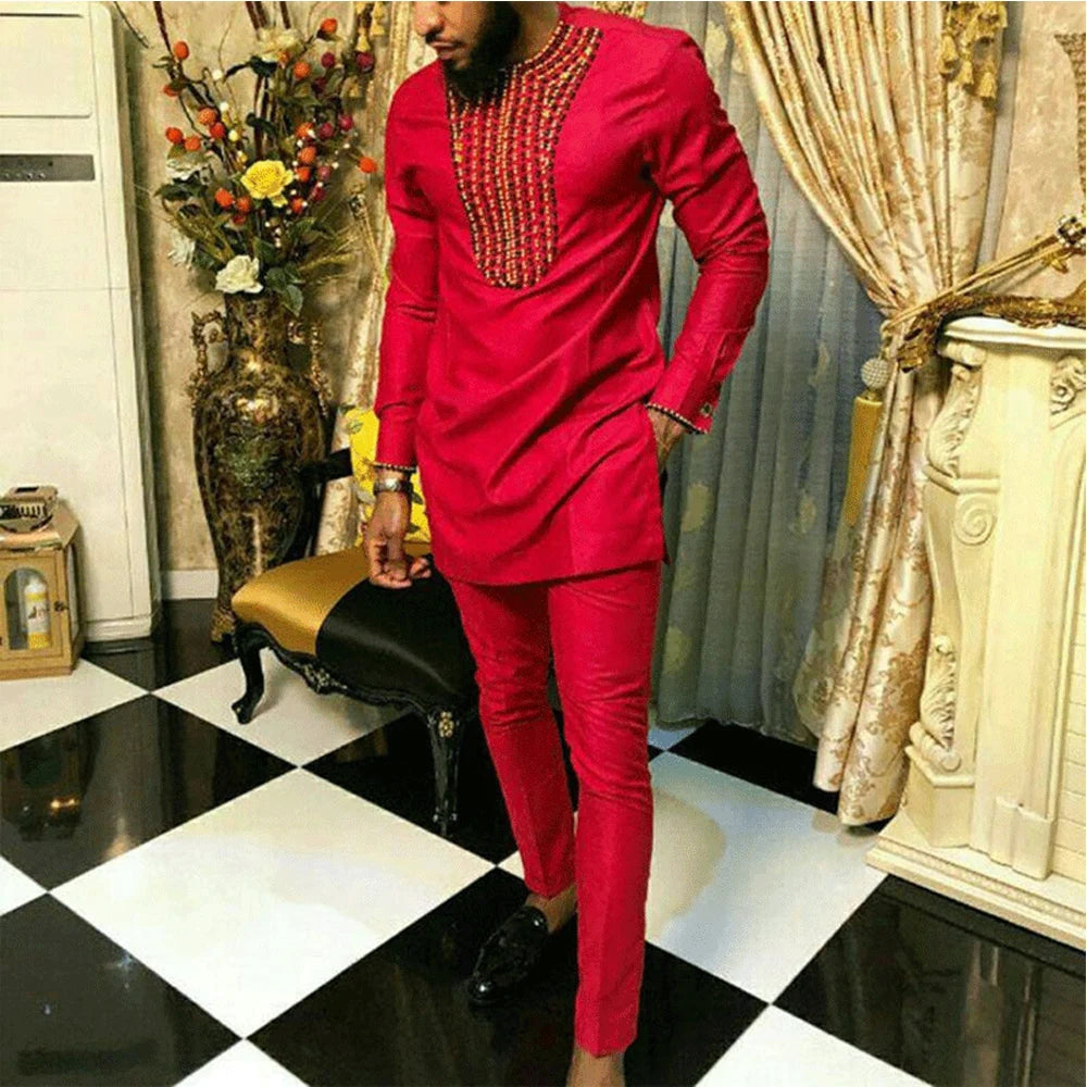2025 New African Traditional Men's Suit Fashion Luxury Men's Suit Casual Loose Two Piece Set Holiday Wedding Men's Suit Kaftan