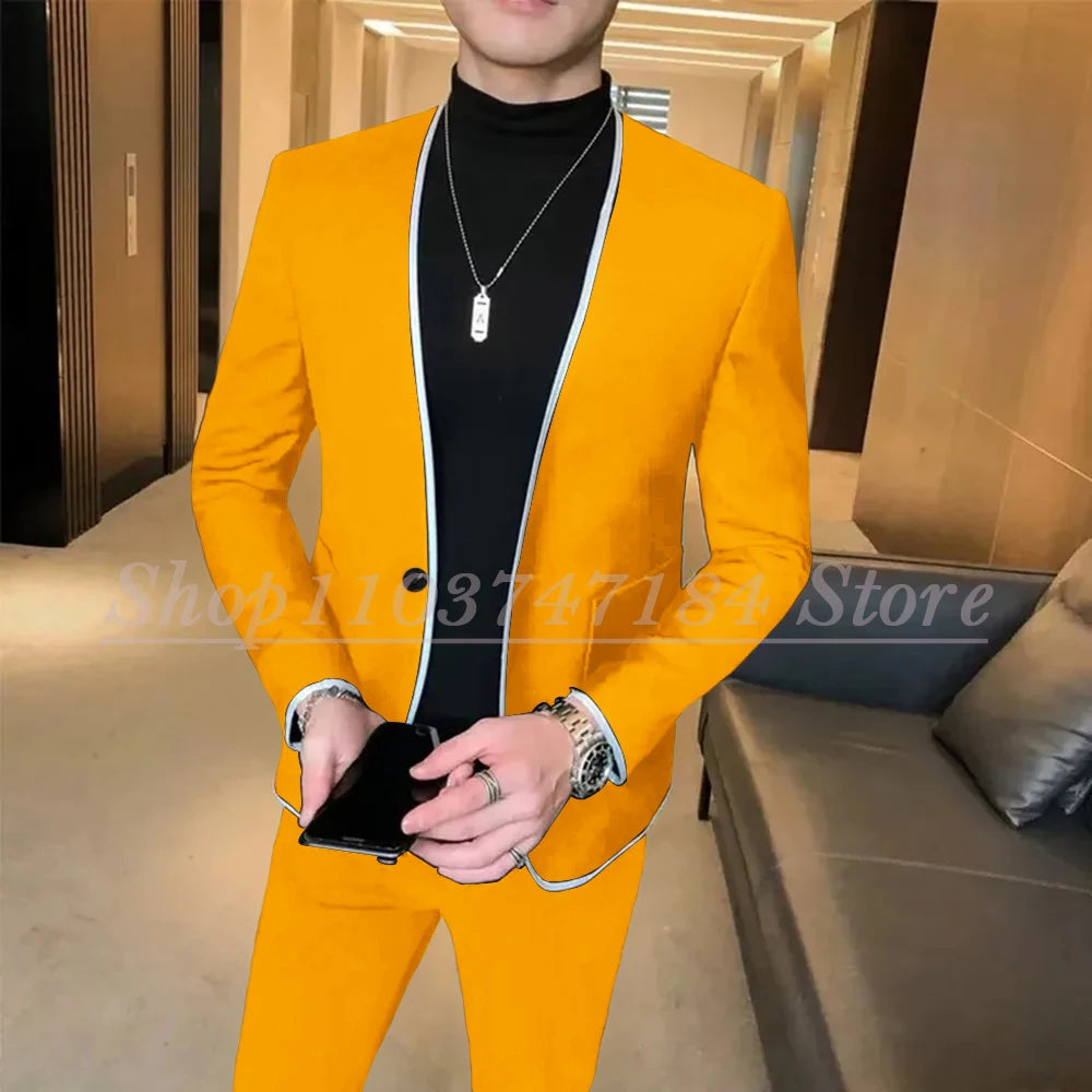 Elegant Black Gentlemen Men's Suits Slim Fit Casual Prom Party 2 Piece Jacket Pants Full Set Luxury Male Clothing Terno Blazer