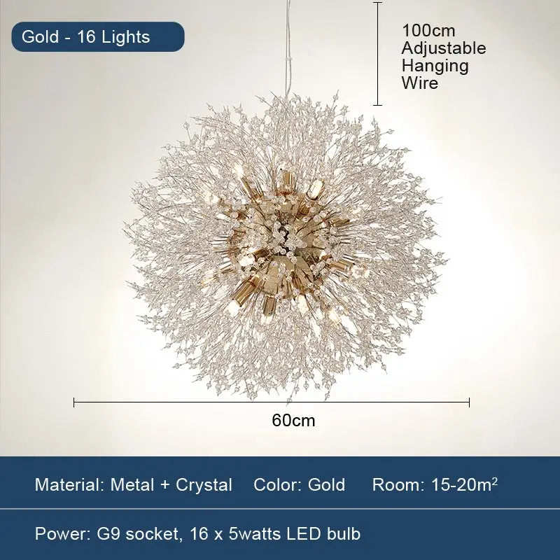 LED Dandelion Pendant Light Modern Crystal Beads Hanging Light Dining Room Living Room Bar Counter Home Decoration G9
