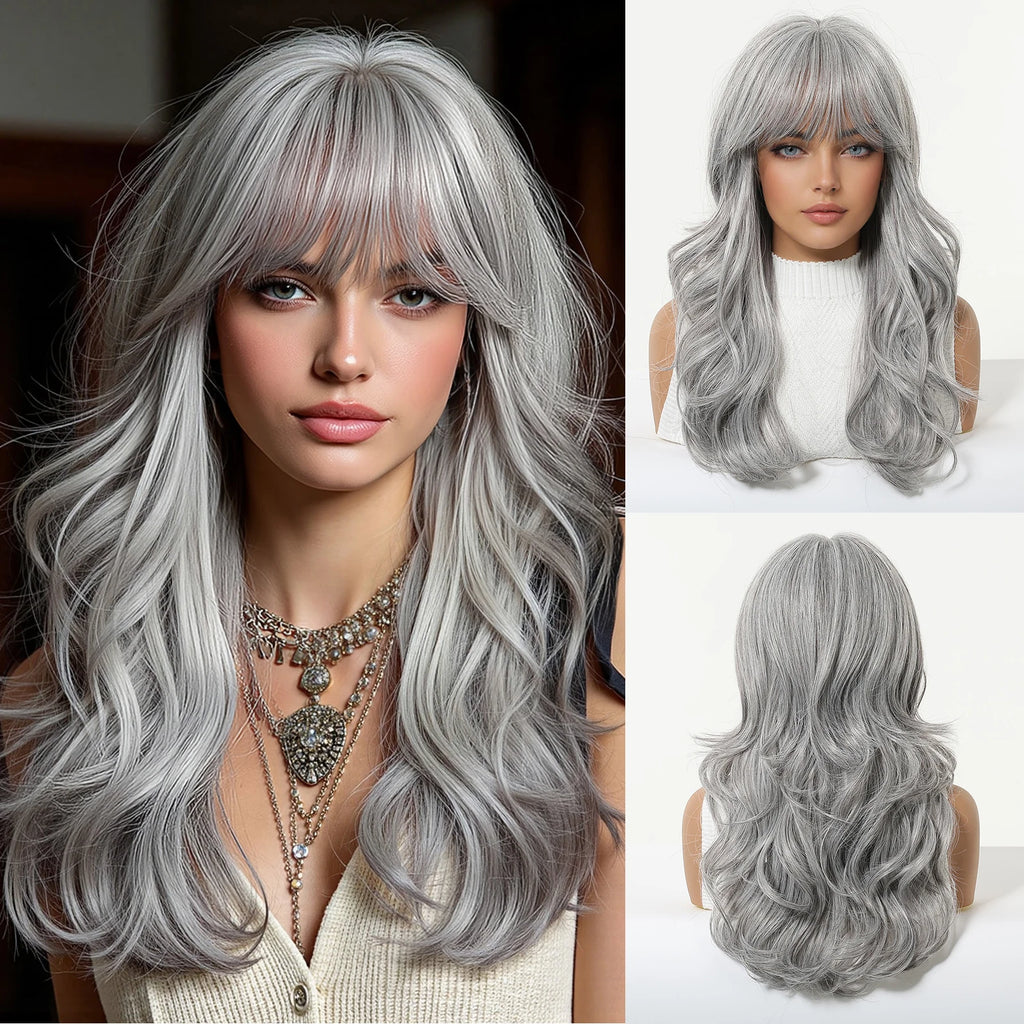 Rose Blonde Ombre Brown Long Natural Wave Synthetic Wigs with Bangs for Women Heat Resistant Daily Cosplay Party Hairs Wig Use