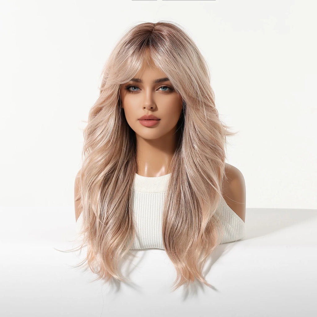 Rose Blonde Ombre Brown Long Natural Wave Synthetic Wigs with Bangs for Women Heat Resistant Daily Cosplay Party Hairs Wig Use