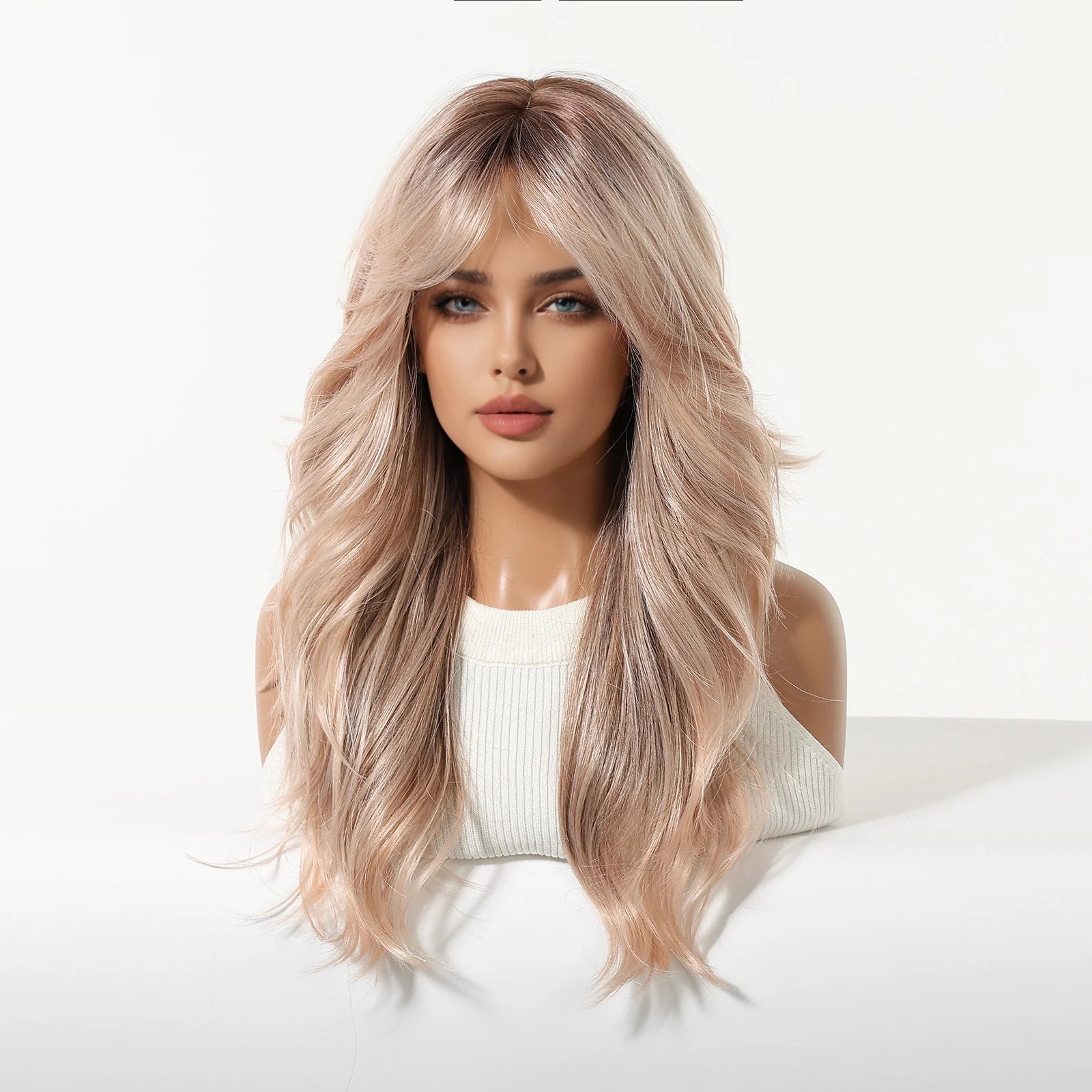 Rose Blonde Ombre Brown Long Natural Wave Synthetic Wigs with Bangs for Women Heat Resistant Daily Cosplay Party Hairs Wig Use