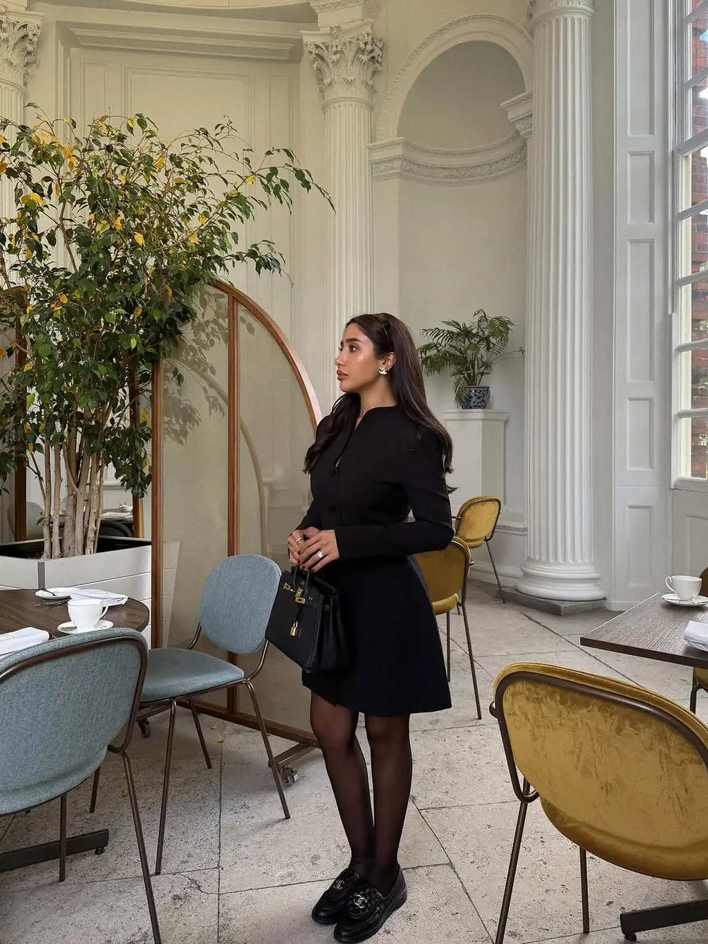 Elegant Stand Collar Mini Dress Women Casual Single Breasted Full Sleeve Cinched-waist Short Dresses Lady Evening Dinner Gowns