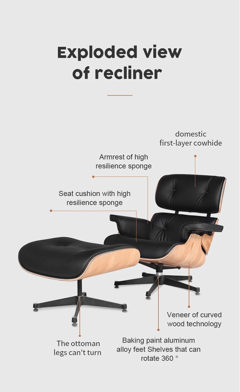 Top Layer Cowhide Classic Recliner Ottoman Light Rosewood Light   Walnut Armchair Swivel Lounge Chair Furniture Leisure Chair