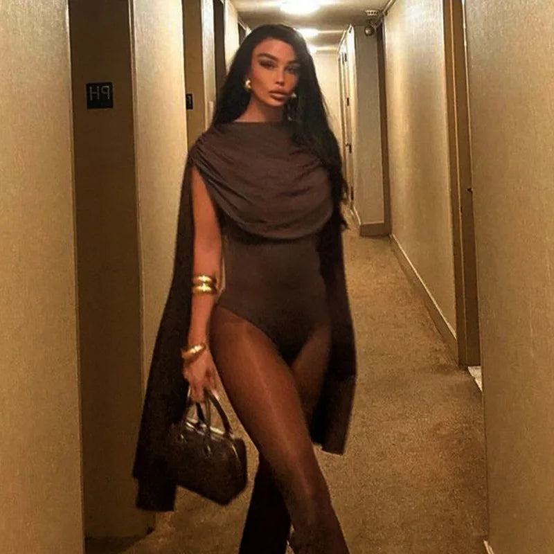 BOOFEENAA Cowl Neck Sleeveless Bodysuit Tops Spring 2025 Women Sexy Clothing Brown One Pieces Club Outfit C85-CZ24, dress