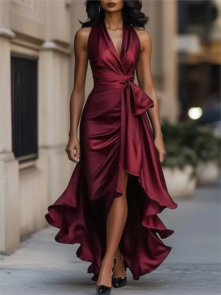 Elegant Women's Evening Rules Ruffled Slit Dress Summer Sexy Deep V Neck Backless Slimming Lady Waist Cinching Lace Up Dreses