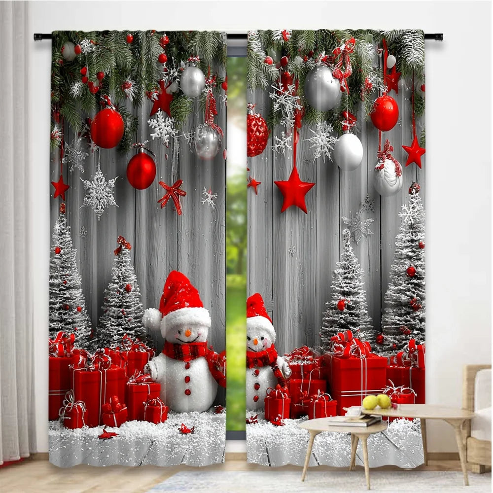 2pcs 2D flat printing Merry Christmas Curtains Festive Snowmen Durable polyester fiber Birthday Party for Outdoor Holiday