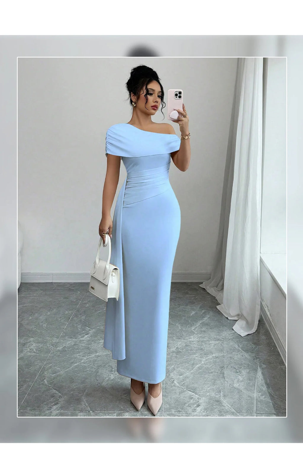 Sheath Dress Women Party Long Dresses Asymmetrical Diagonal Collar Slim Folds Maxi Gown Summer 2025 Female Sexy Vestidos
