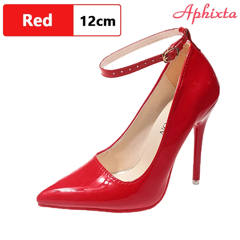 Aphixta Super Big Size 48 49 50 Belt Buckle Stiletto Heels Pumps Women Party Shoes 12cm/10cm Pimp Pointed Toe Metal Buckle