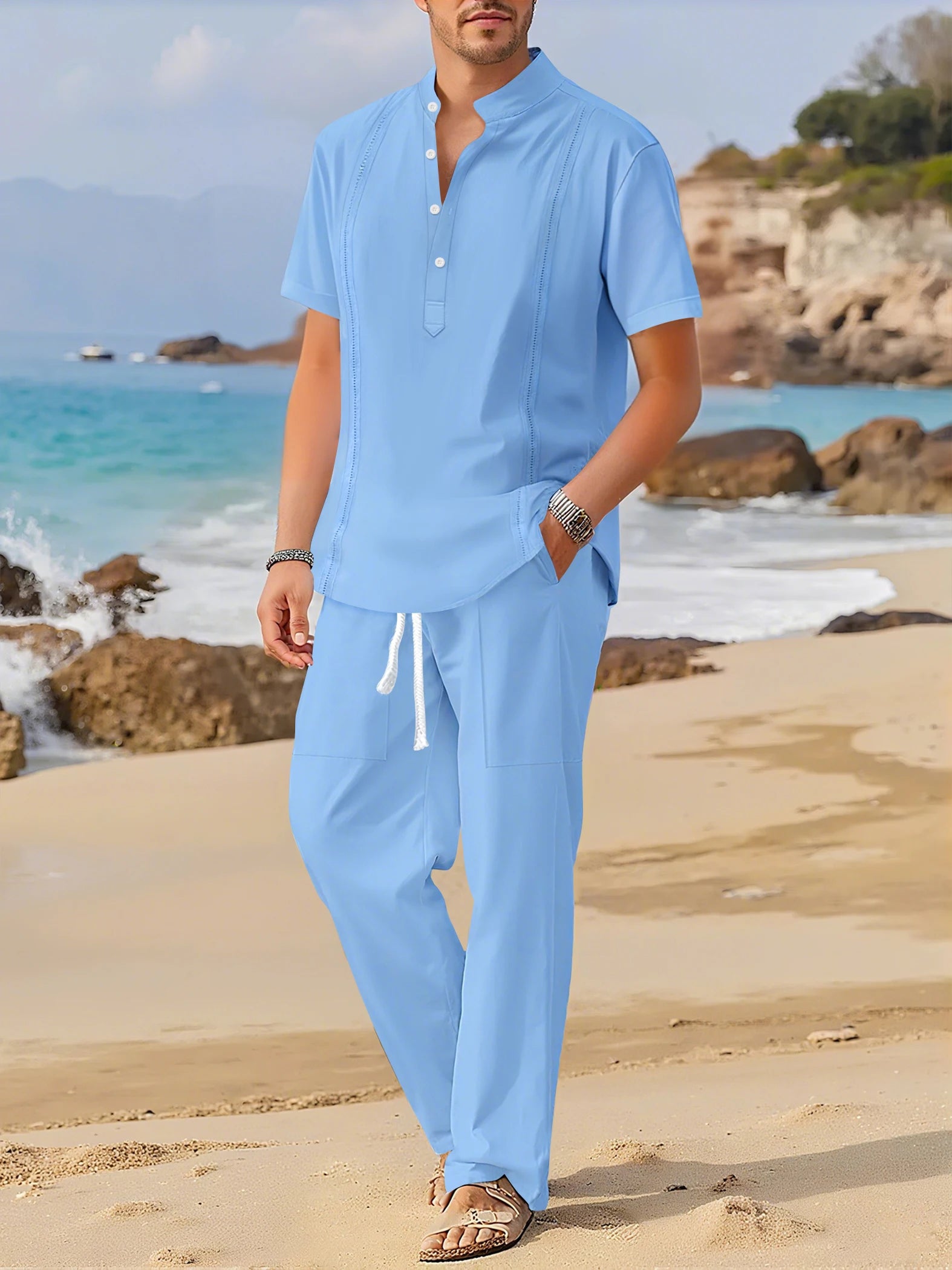 Men's Fashionable Cotton Linen Shirt Set with Cuban Pocket Long Sleeve Casual Two-Piece Suit Spring Autumn 100% Natural Fiber