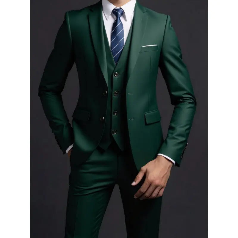 Suit (Blazer+ Vest + Trousers) Men's Fashionable Gentleman Business British Style Solid-color Banquet Host Casual Wedding Suit