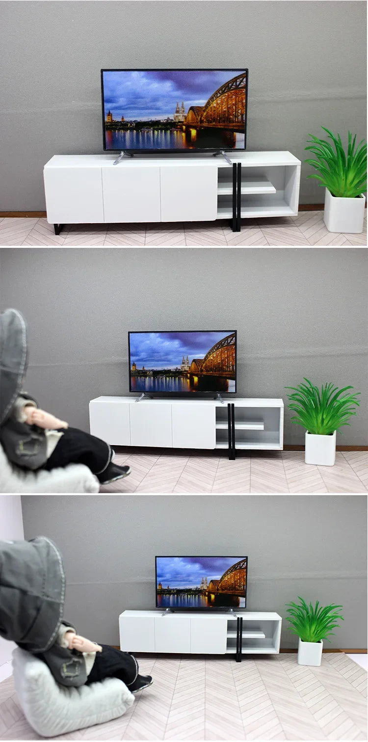 1/12 Dollhouse Mini TV with Stand  TV Scale Miniature Model Home Decor Decoration Toys Gift Doll House Accessories Crafts