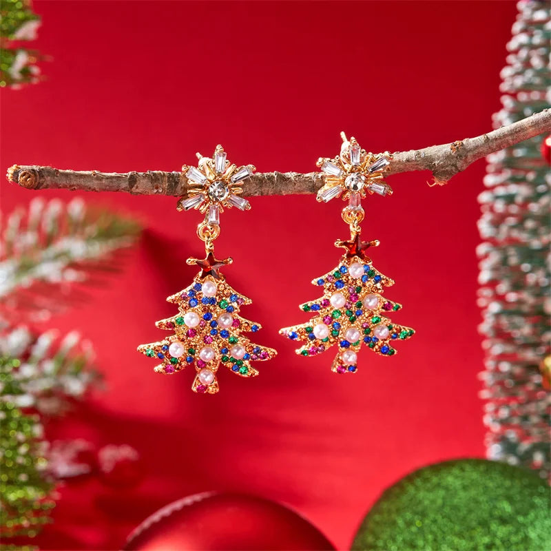 Christmas Rhinestone Bells Drop Earrings For Women Exquisite Imitation Pearl Xmas Tree Star Dangle Earring Party Holiday Jewelry