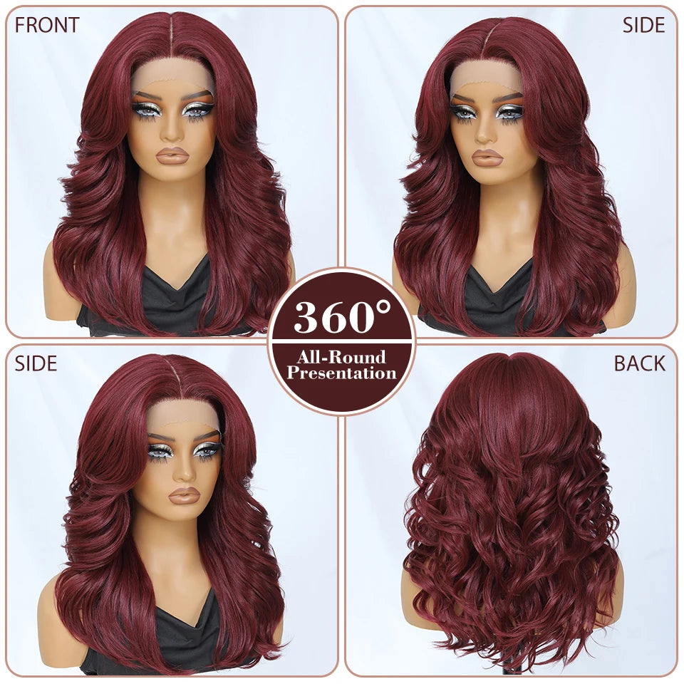 Layered Wigs 13x5x1T-Part Lace Wig With Bangs For Women 18 Inch Red Synthetic Lace Front Wig For Daily Use Ombre Brown Afro Wigs