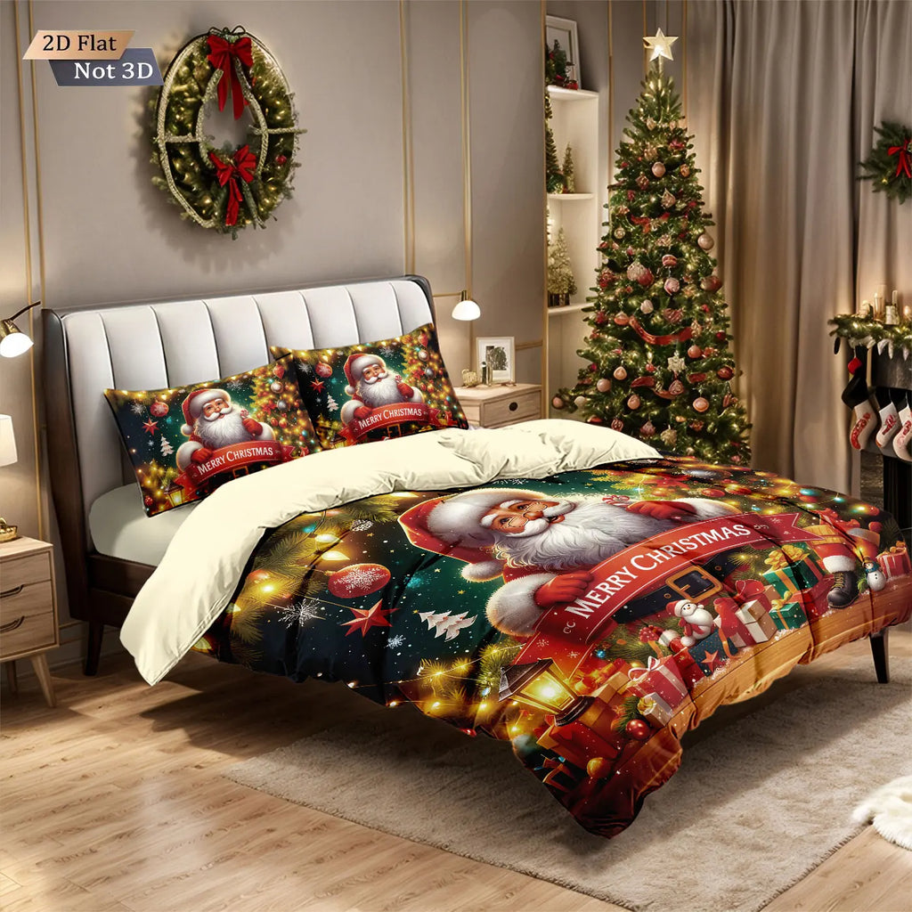 3pcs Merry Christmas Santa Claus print coreless bedding set multiple size bedrooms bedding holiday decorations, machine washable