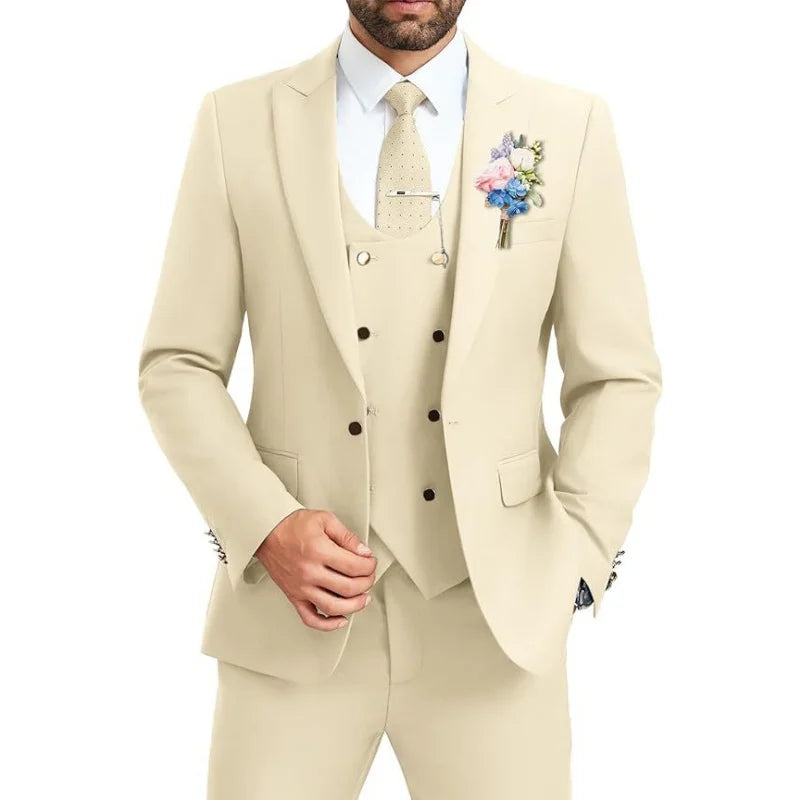 Men's slim fit suit 3-piece set, double breasted ball tailcoat, formal casual jacket, vest, pants